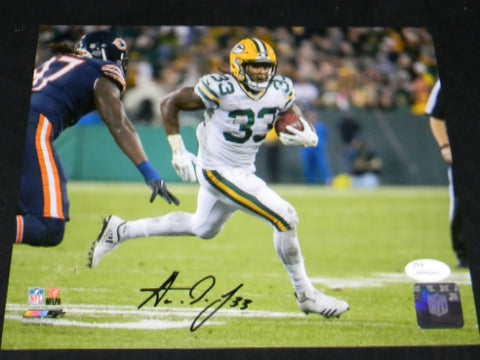 Aaron Jones Green Bay Packers Autographed 11 x 14 Stiff Arm White Jersey  Photograph - Autographed NFL Photos