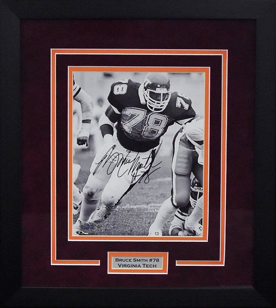Bruce Smith Autographed Virginia Tech Hokies 8x10 Framed Photograph (B&W)