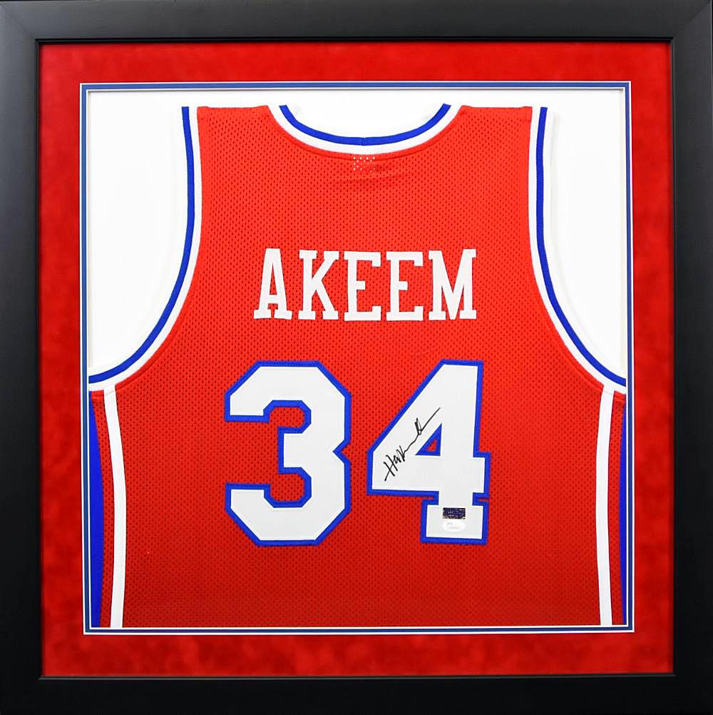 Hakeem Olajuwon Houston Autographed 16x20 PF Fade Away Jumper Photo v.  Knicks- B