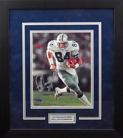 Framed Autographed/Signed Jay Novacek 33x42 Dallas White Football